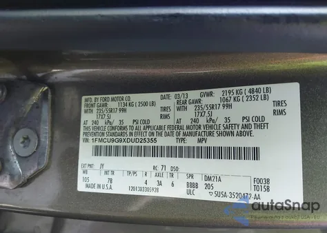 2013 Ford Escape Se из США, поврежденный, VIN 1FMCU9G9XDUD25355